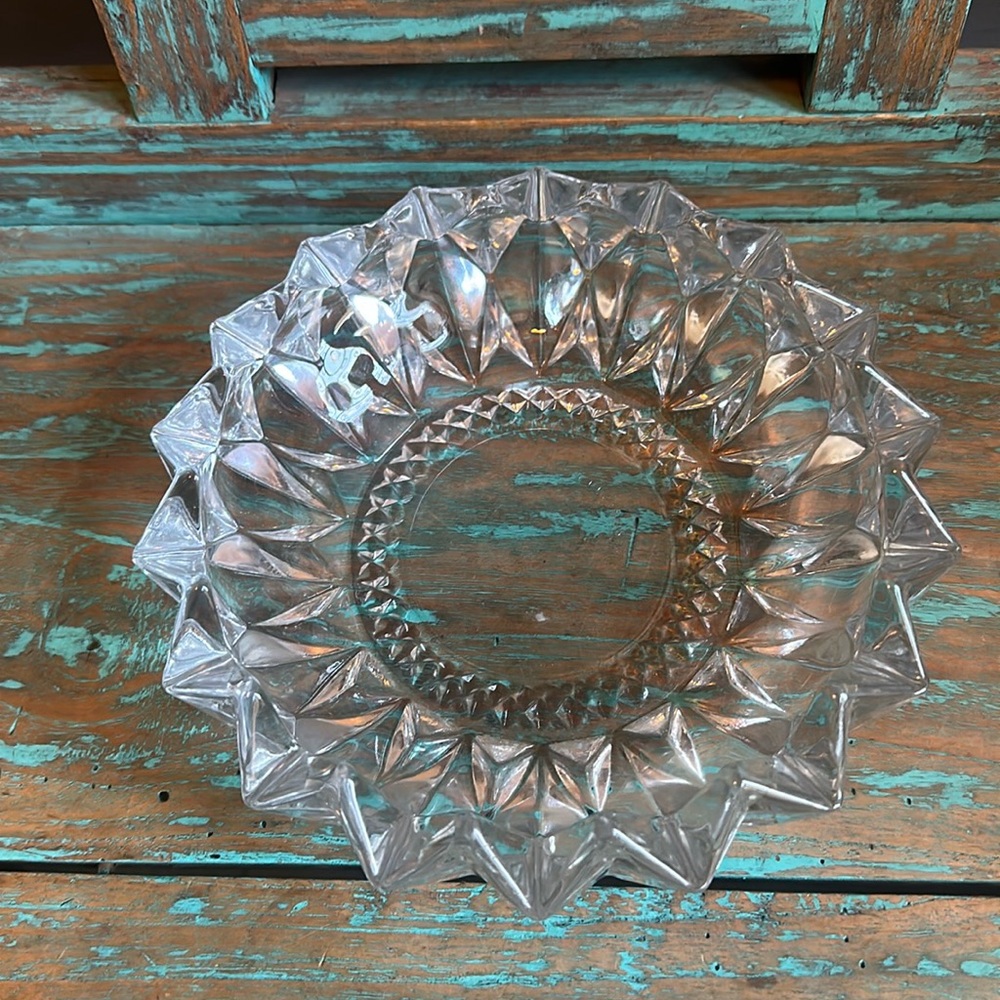 Vintage KIG Indonesia Lead Crystal Cut Glass Ashtray Diamond Point Round